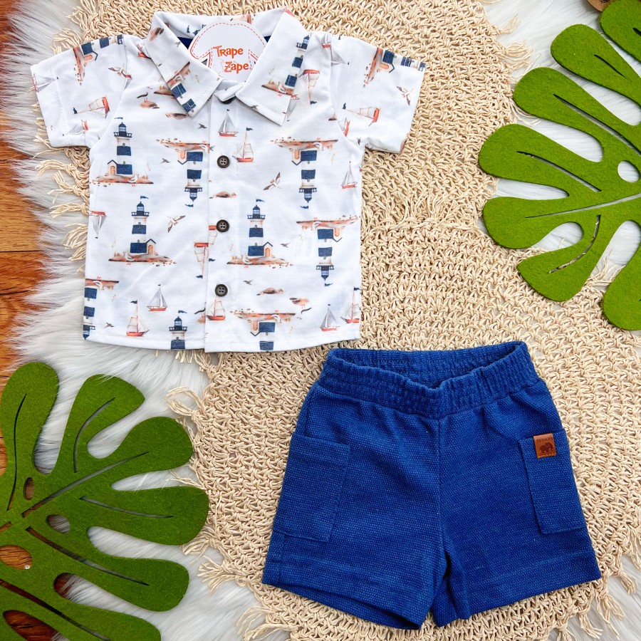 Conj. Camisa Praia e Bermuda - Azul e Off White